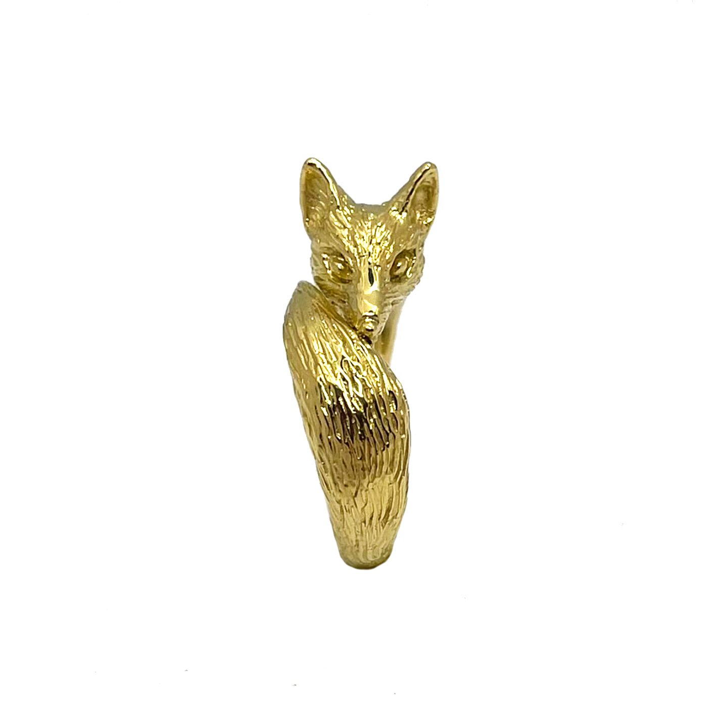Gold-plated sterling silver fox pinky ring with detailed fur texture and a curled tail
