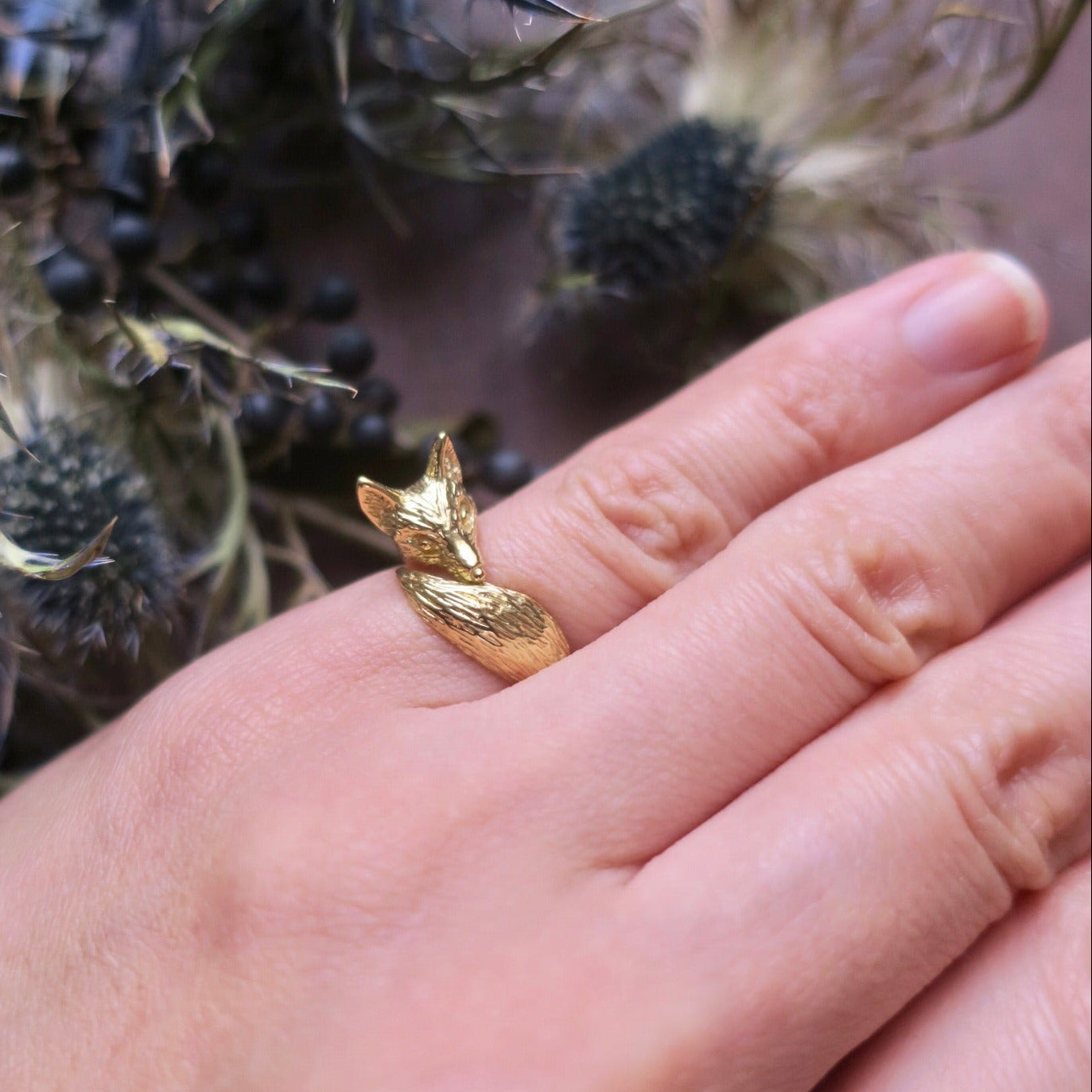 Fox pinky ring in 18K gold-plated sterling silver worn on little finger, hand-carved animal ring