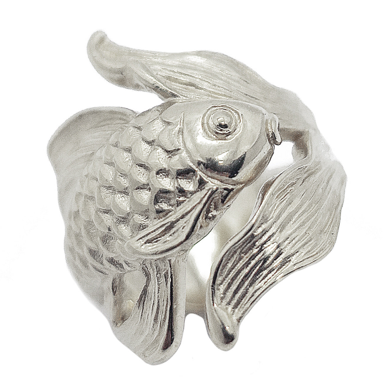 Goldfish ring in solid sterling silver 925, front view showing hand-carved scales and flowing tail