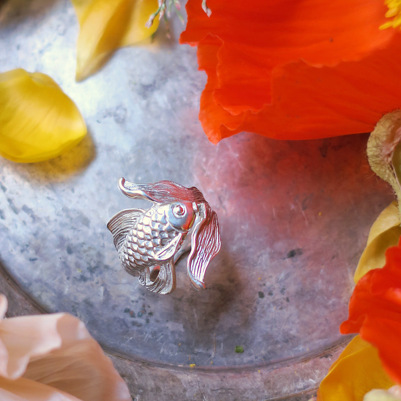 Goldfish ring in solid sterling silver 925 styled with red flower, Art Nouveau animal jewelry