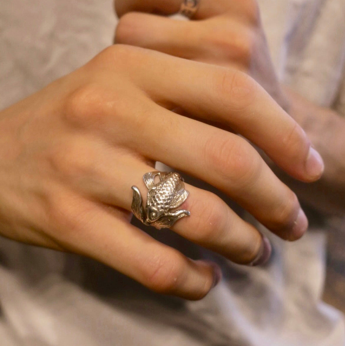 Goldfish ring in solid sterling silver 925 worn on finger, hand-carved animal ring