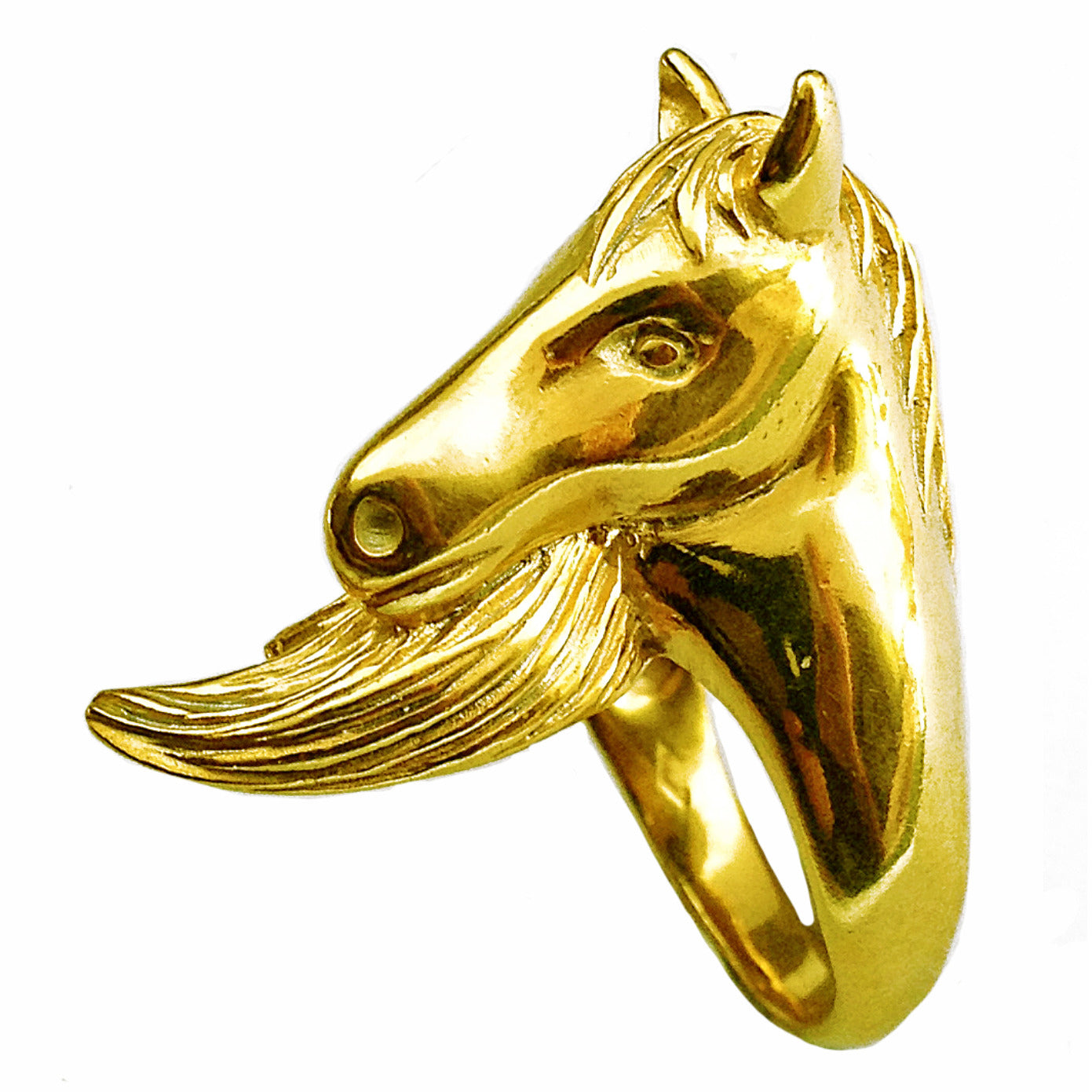 Sculptural horse motif ring with detailed tail and strong animal silhouette, in 18K gold-plated sterling silver.