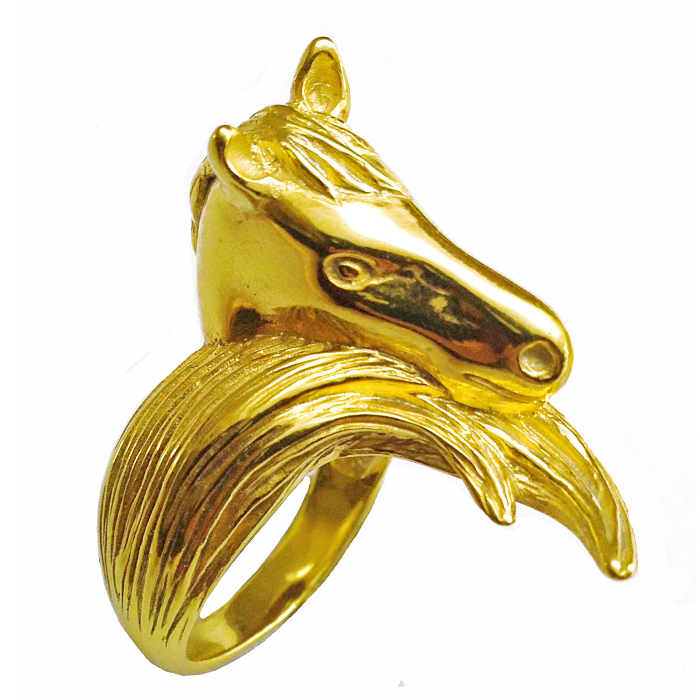 Sculptural horse ring in 18K gold-plated sterling silver highlighting the curved profile and polished surface