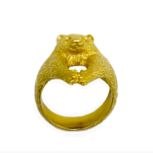 Bear ring in 18K gold-plated silver 925, front angle showing open space between face and paws