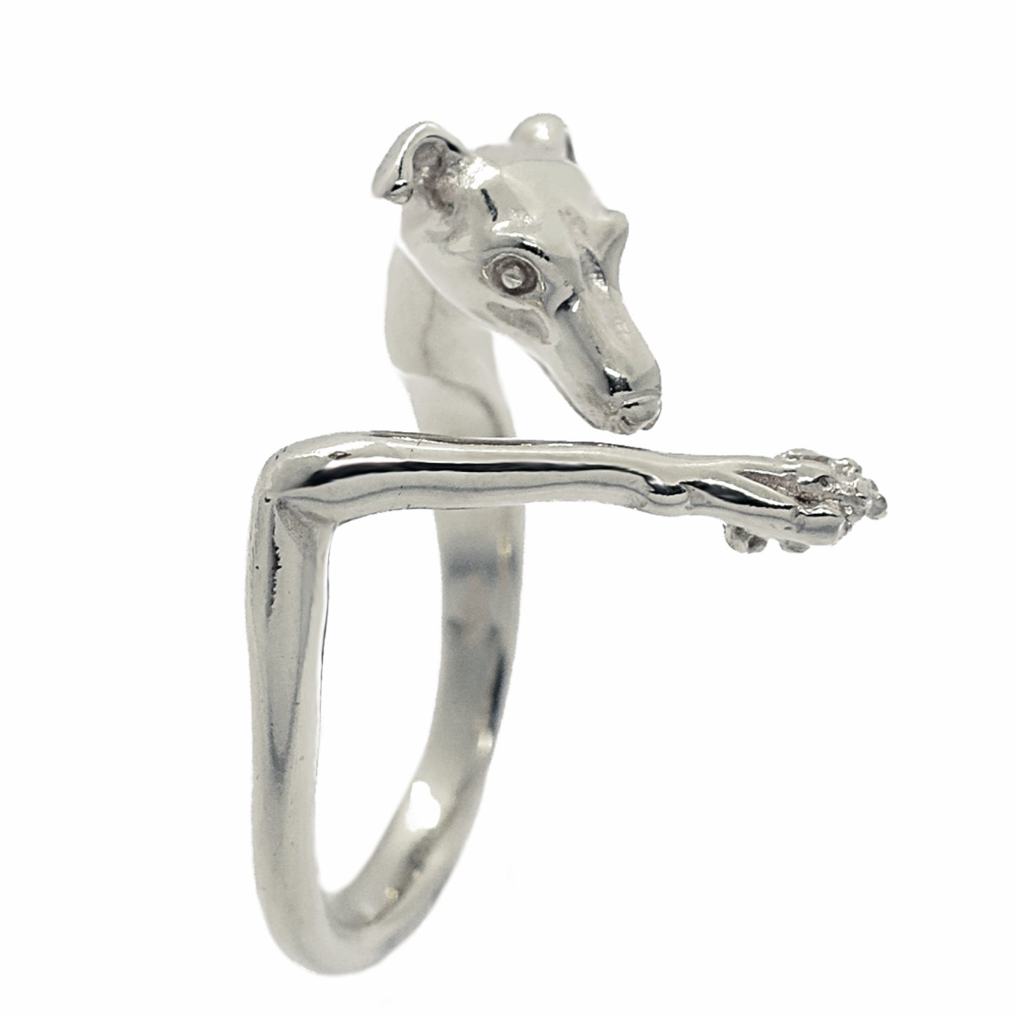Side-view Italian Greyhound ring in sterling silver, highlighting the elongated muzzle, raised paw and sculptural sighthound silhouette. Hand-sculpted artisan animal jewelry made in Paris.