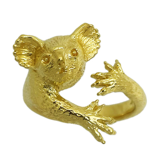 Hand-sculpted koala ring in gold plated silver front view detailed fur and claws