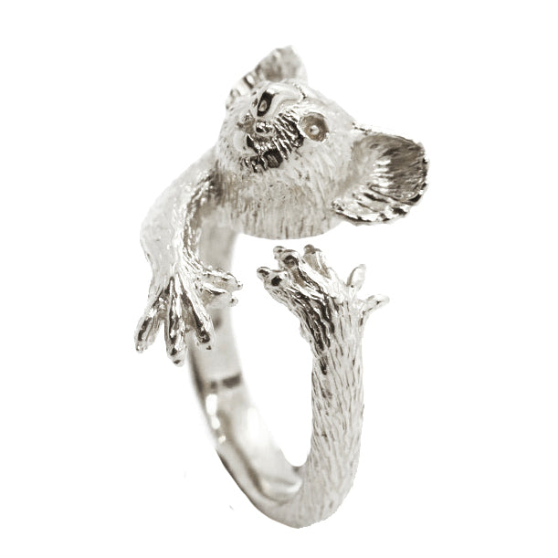 Sterling silver koala ring seen from the side, highlighting sculpted fur and gentle curve.