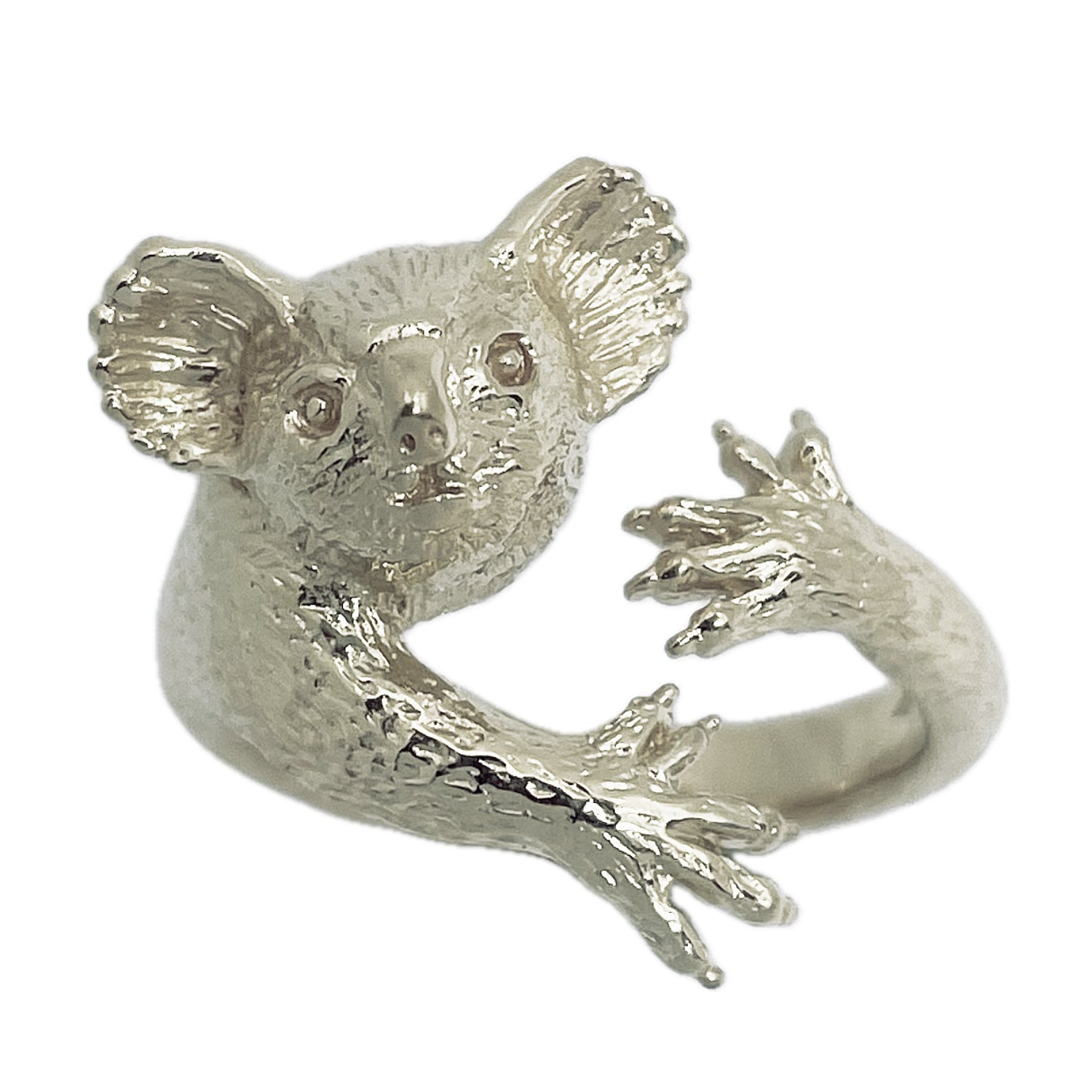 Koala ring in solid sterling silver 925, front view showing hand-carved fur texture and claws