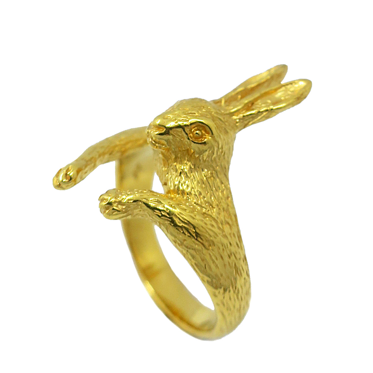 Gold rabbit ring in silver 925 shown from side angle, hand-sculpted animal design