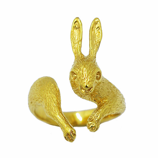 Rabbit ring in gold-plated silver 925, front view, hand-sculpted animal jewelry