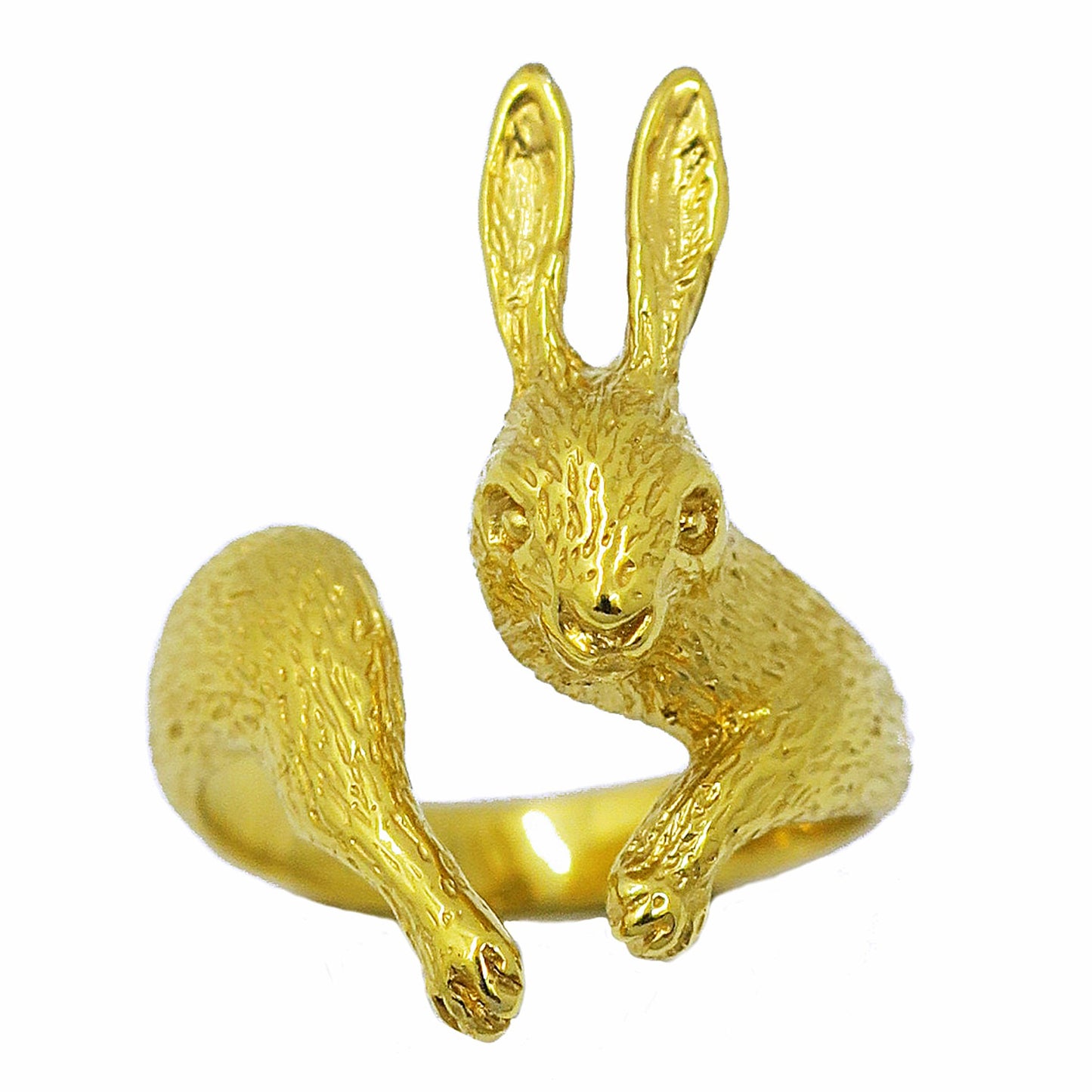 Rabbit ring in gold-plated silver 925, front view, hand-sculpted animal jewelry