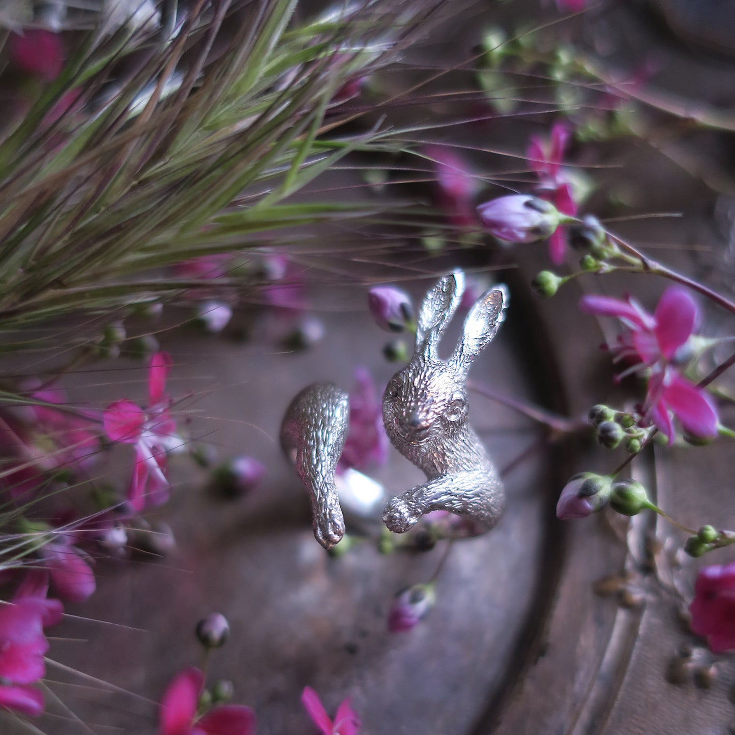 Rabbit ring in silver 925 among flowers, hand-sculpted animal jewelry