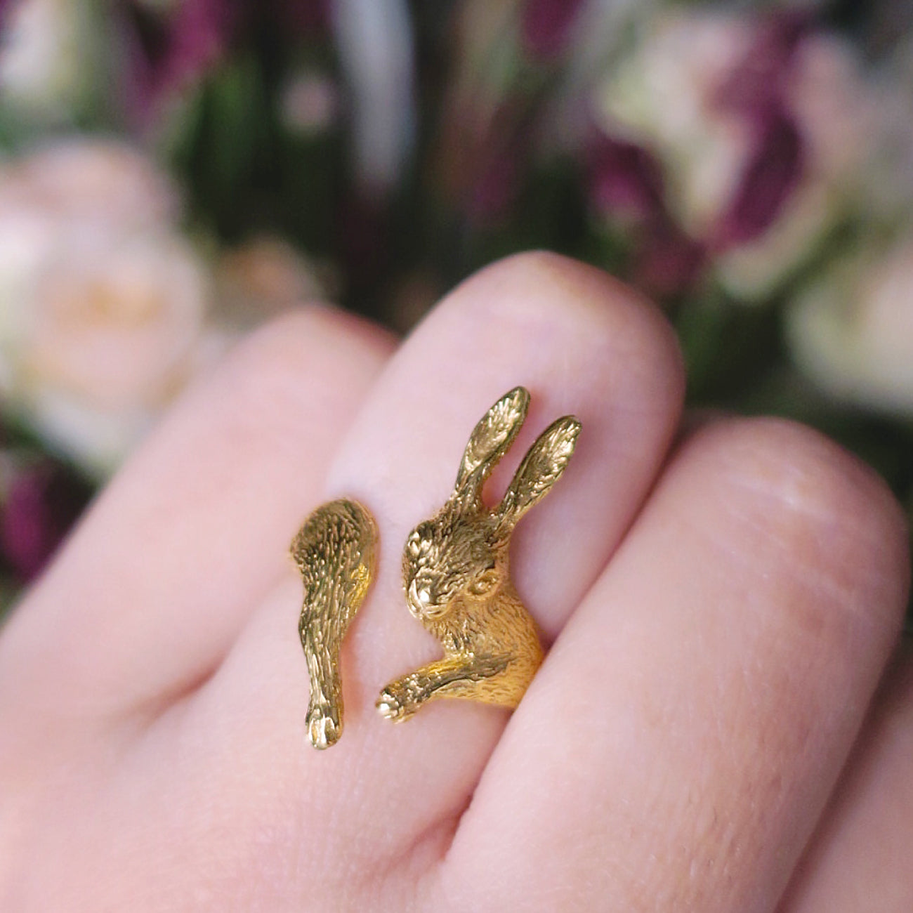 Gold rabbit ring in silver 925 worn on finger, hand-sculpted animal jewelry