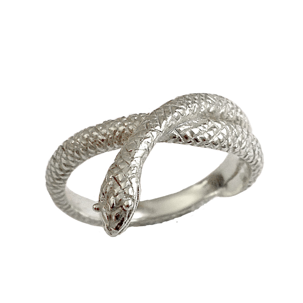 Snake ring in sold silver, coiled design with detailed scales