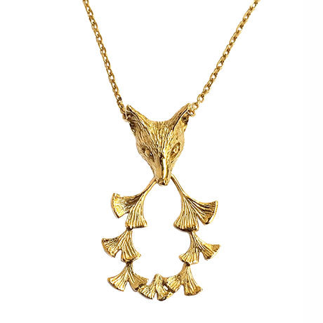 fox & ginkgos necklace/ gold