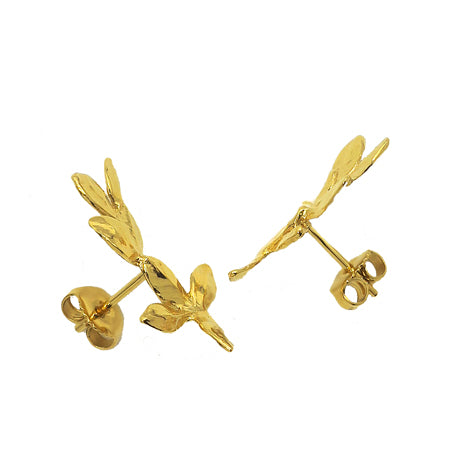 Side view of laurel leaf earrings in 18K gold-plated silver, showing branch-shaped design, sculpted texture and posts from a Paris jeweller.