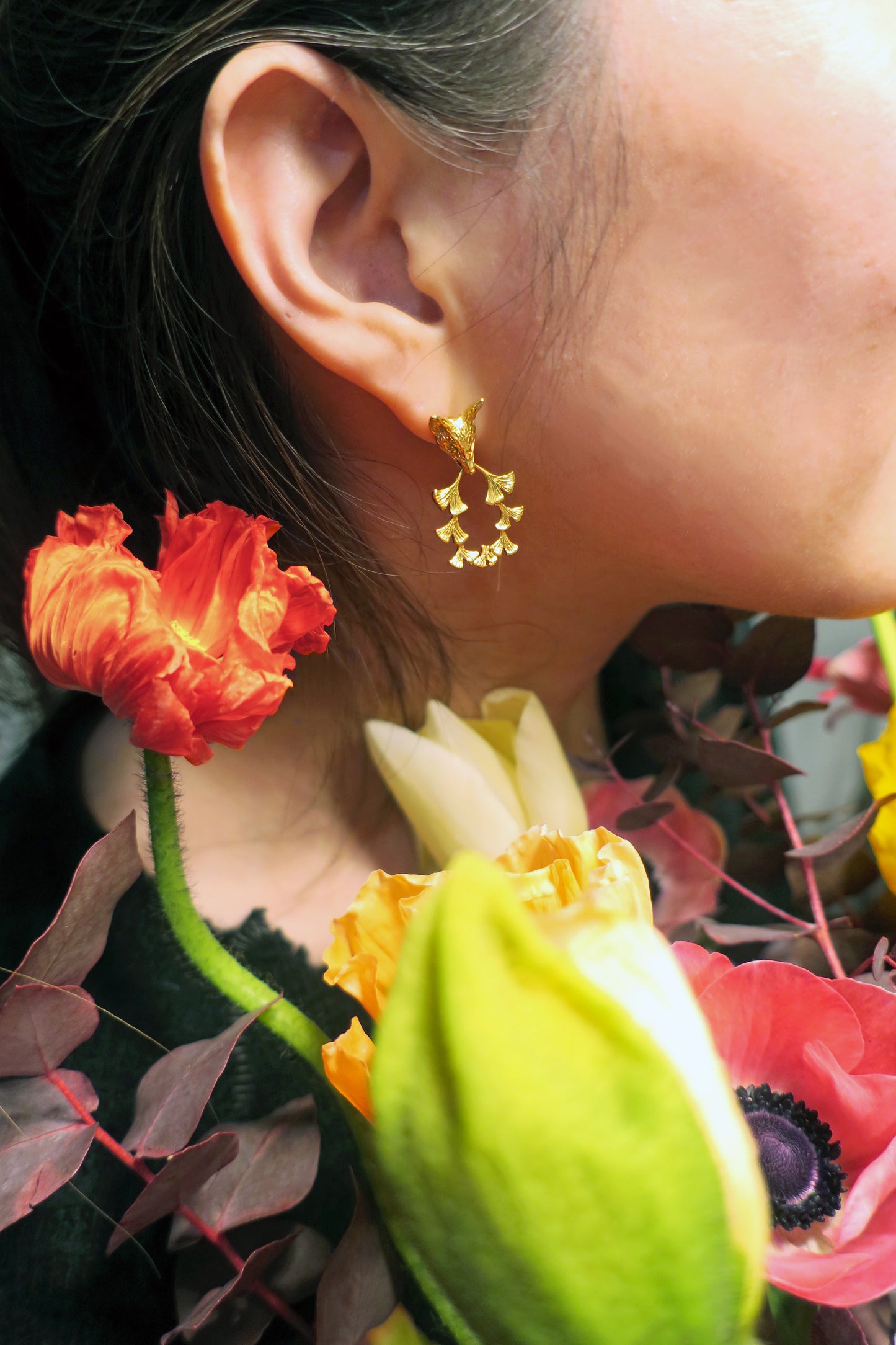 Fox & ginkgos piercings/ gold