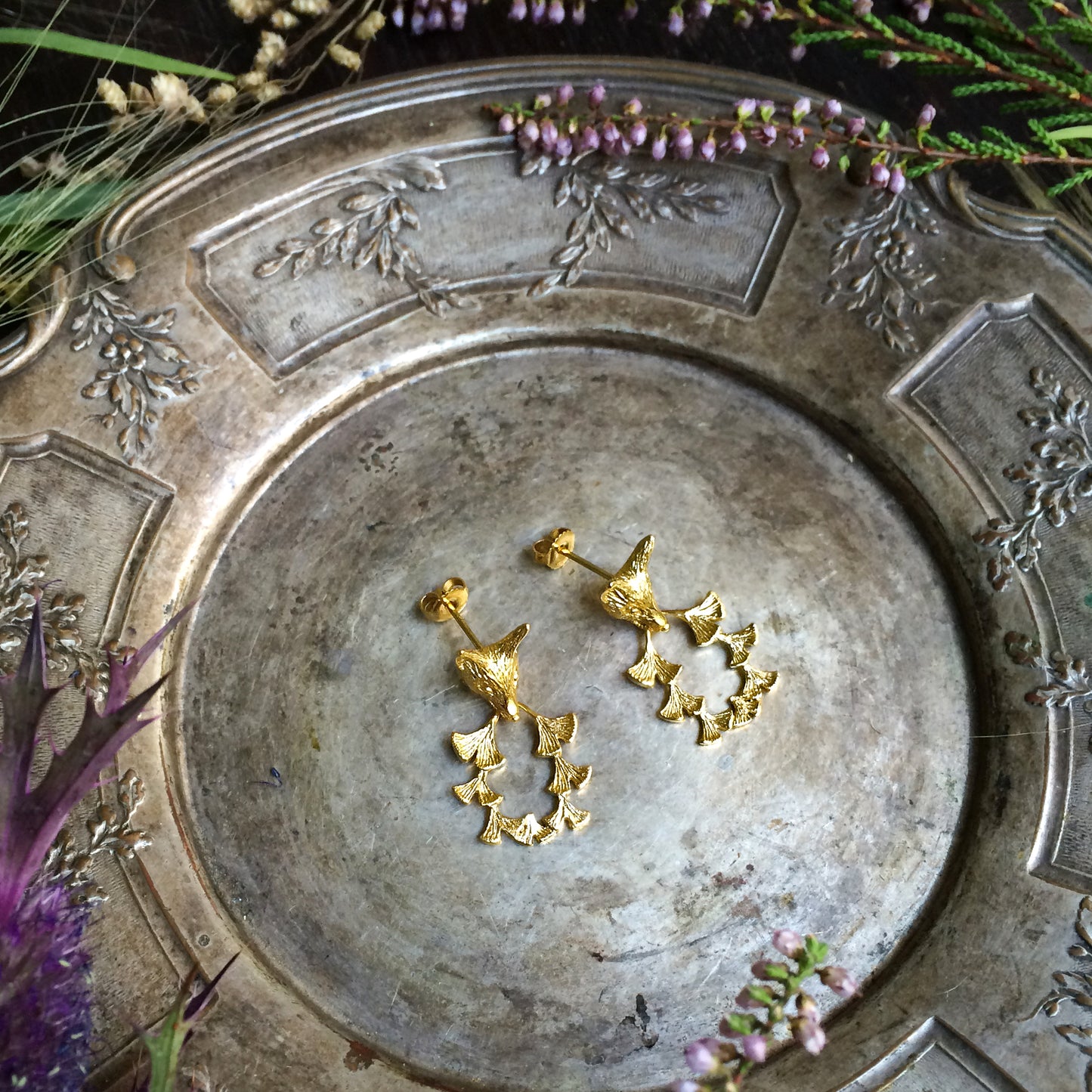 Fox & ginkgos piercings/ gold