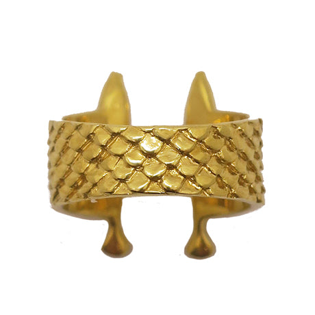 Double fish ring in 18K gold-plated silver 925, top view showing fish tails and wide sculptural band