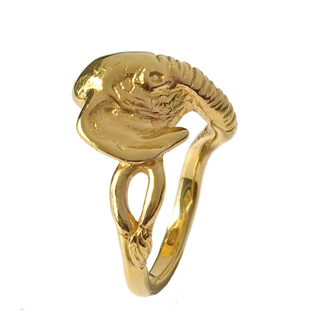 Side view of 18K gold-plated elephant ring, showing the angled elephant head, curved trunk and tail