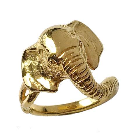 18K gold-plated elephant ring in silver 925, front view with angled elephant head and curved trunk