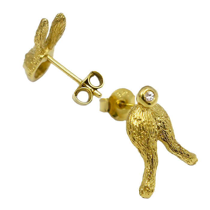 Rabbit head and rear earrings in gold plated sterling silver side view with white sapphire