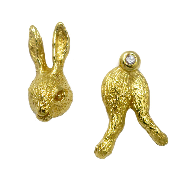 Rabbit head and rear earrings in gold plated sterling silver pair with white sapphire